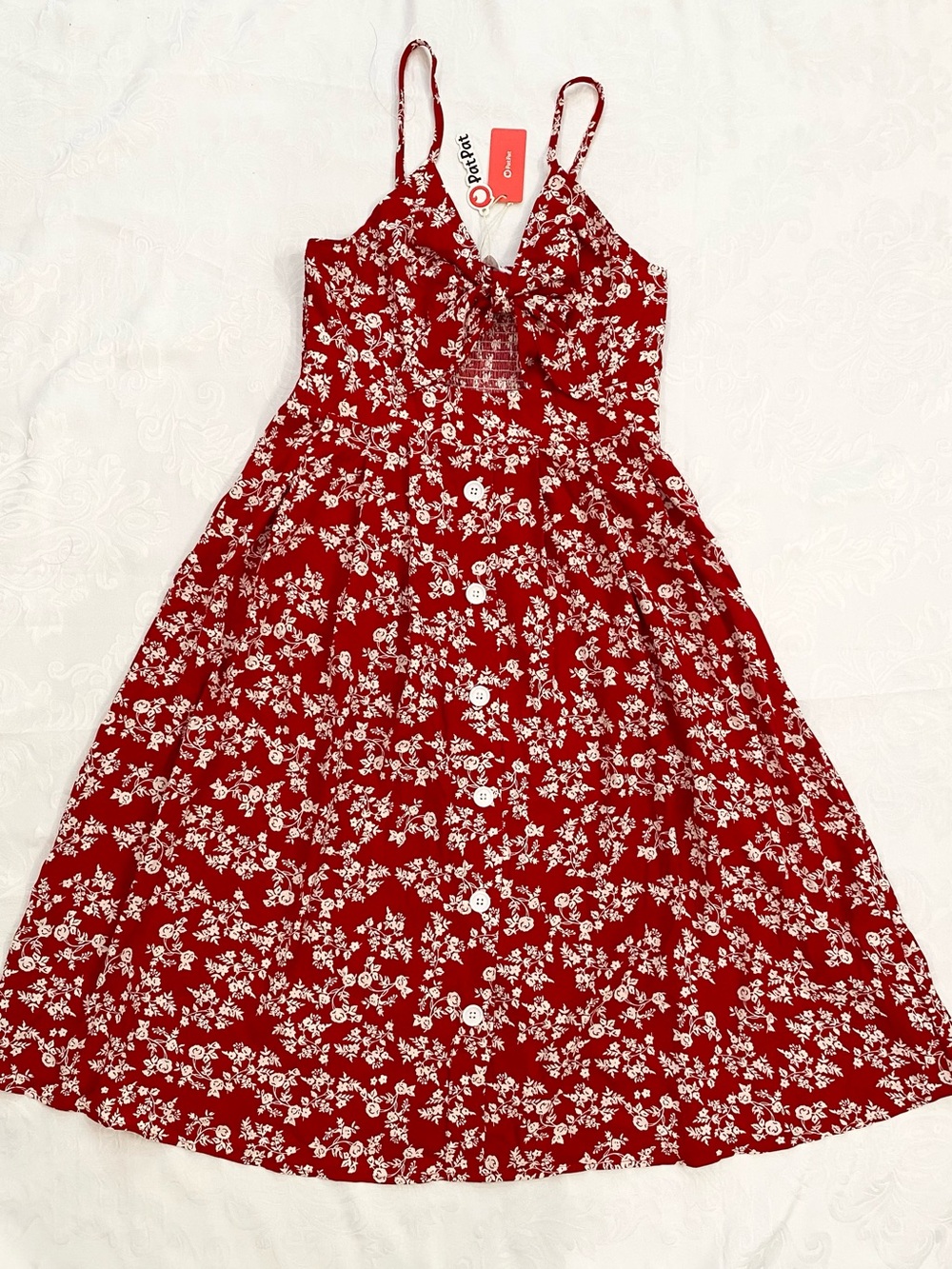 PatPat Red Floral Button-Front Spaghetti Strap Sundress, Size M